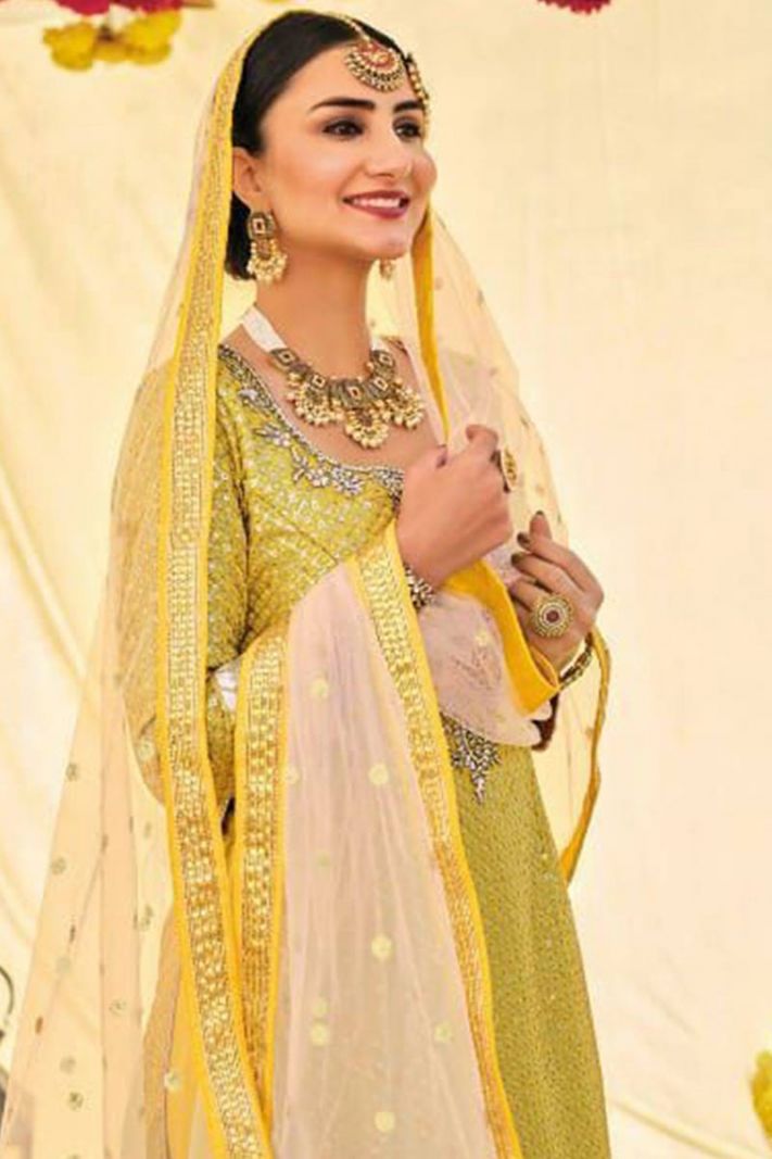 Embroidered Faux Georgette Fabric Sharara Suit in Yellow Color