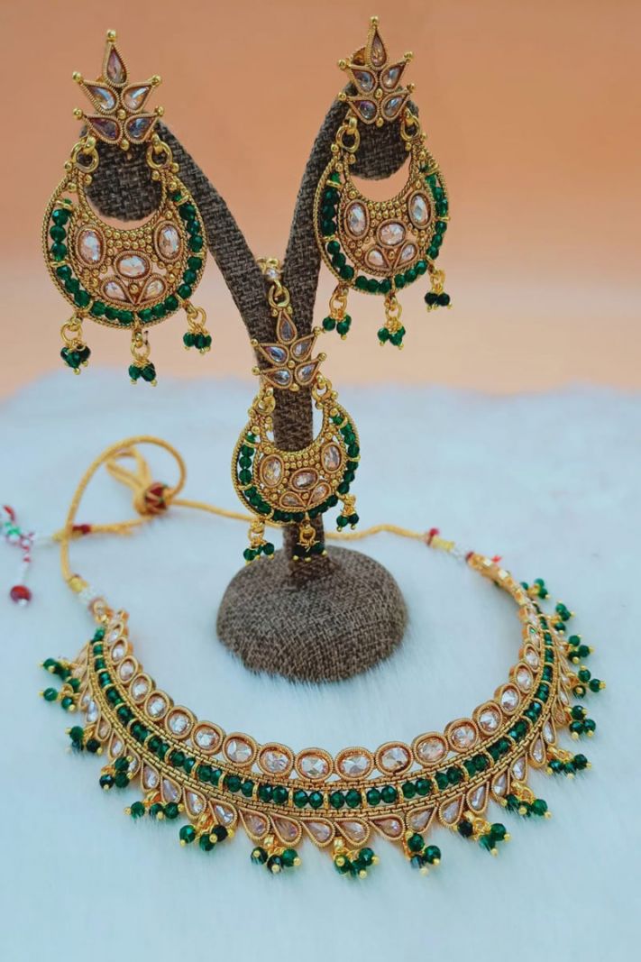 Ethnic Golden Necklace Set In Dark Green Color