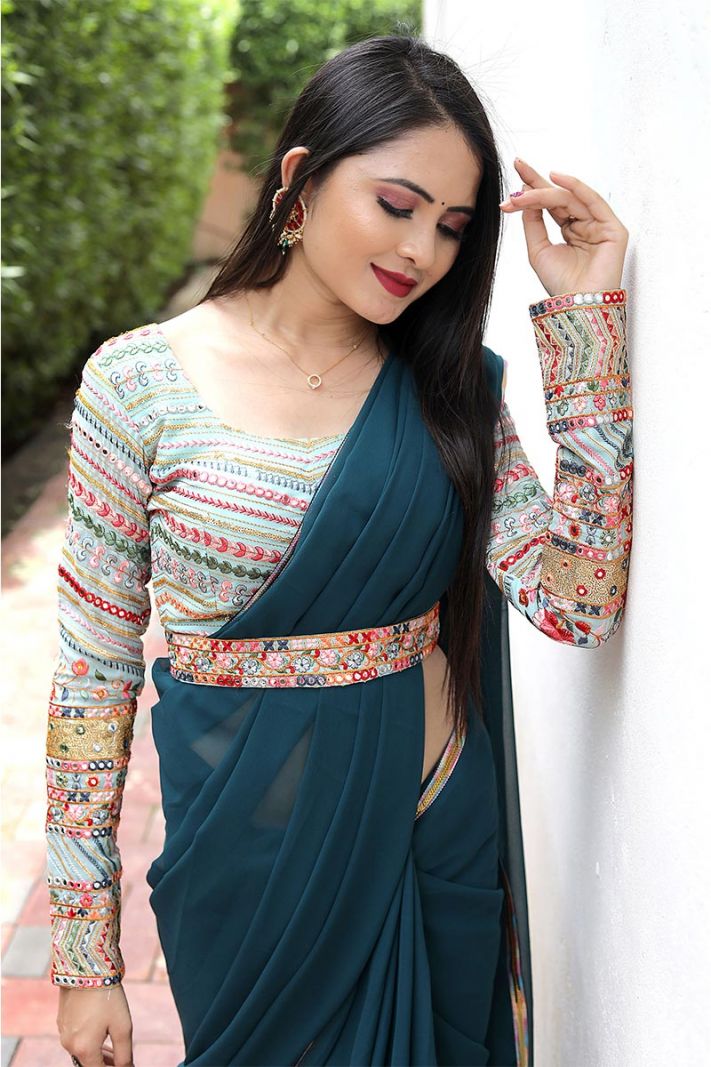 Faux Georgette Fabric Festive Wear Saree in Rama Color