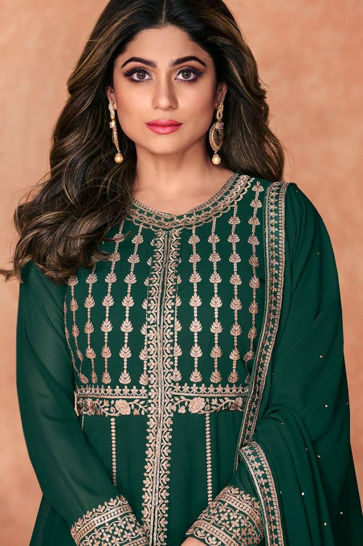 For Mehndi Real Georgette Anarkali Suit in Green Color