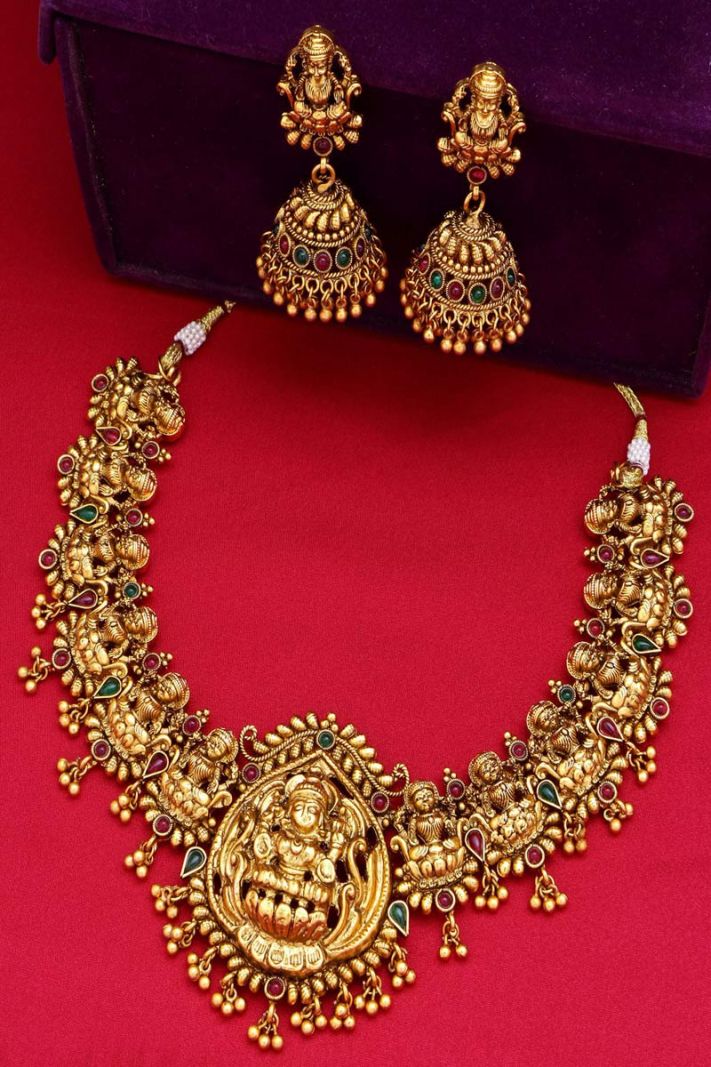 Fabulous Gold Copper Necklace In Temple Work For Bride