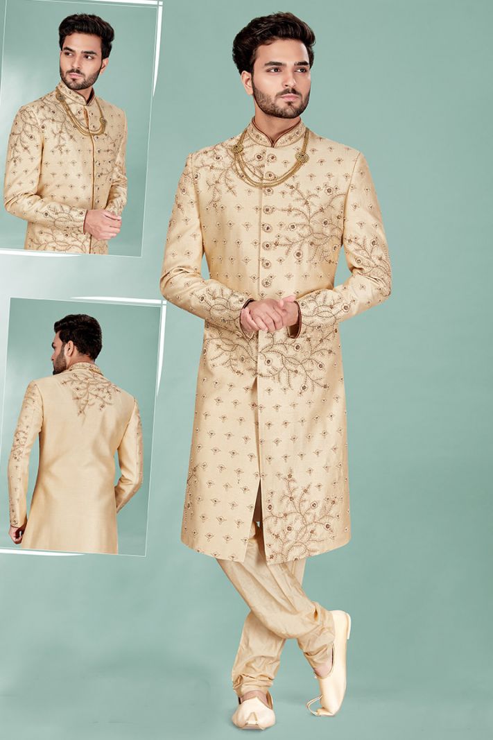 Gold Silk Churidar Sherwani For Wedding Groom