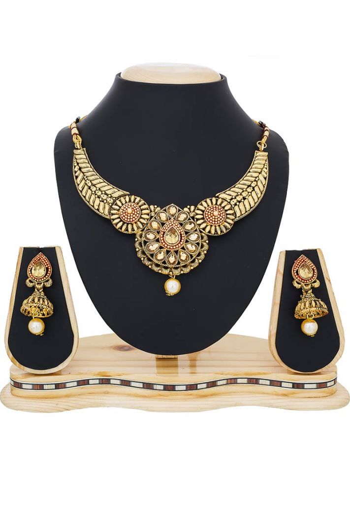Golden Color Necklace Set In Mix Metal With Stone Work For Women