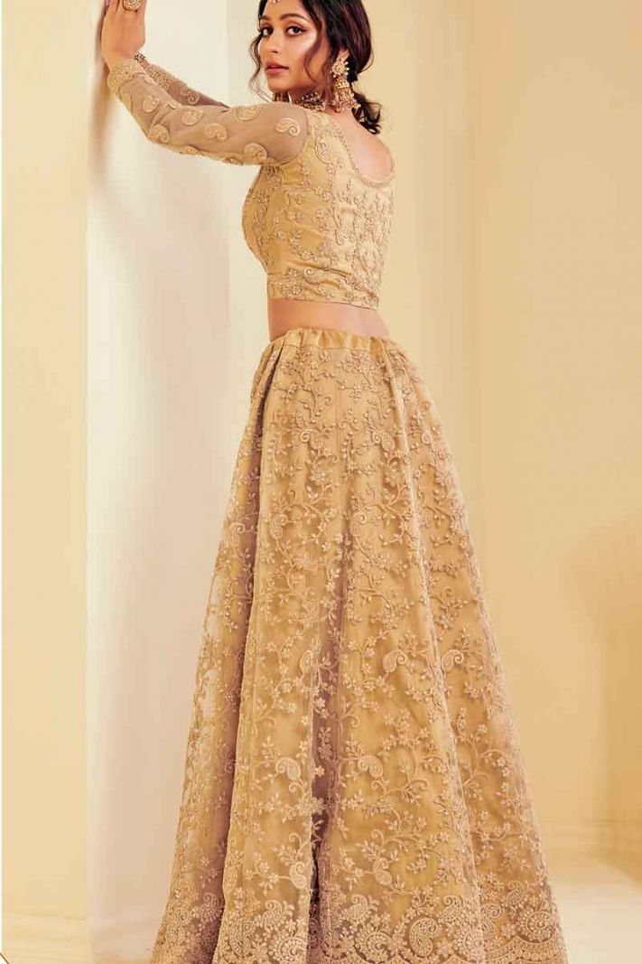 Golden Net Lehenga Choli With Cording Embroidery And Heavy Stone Work