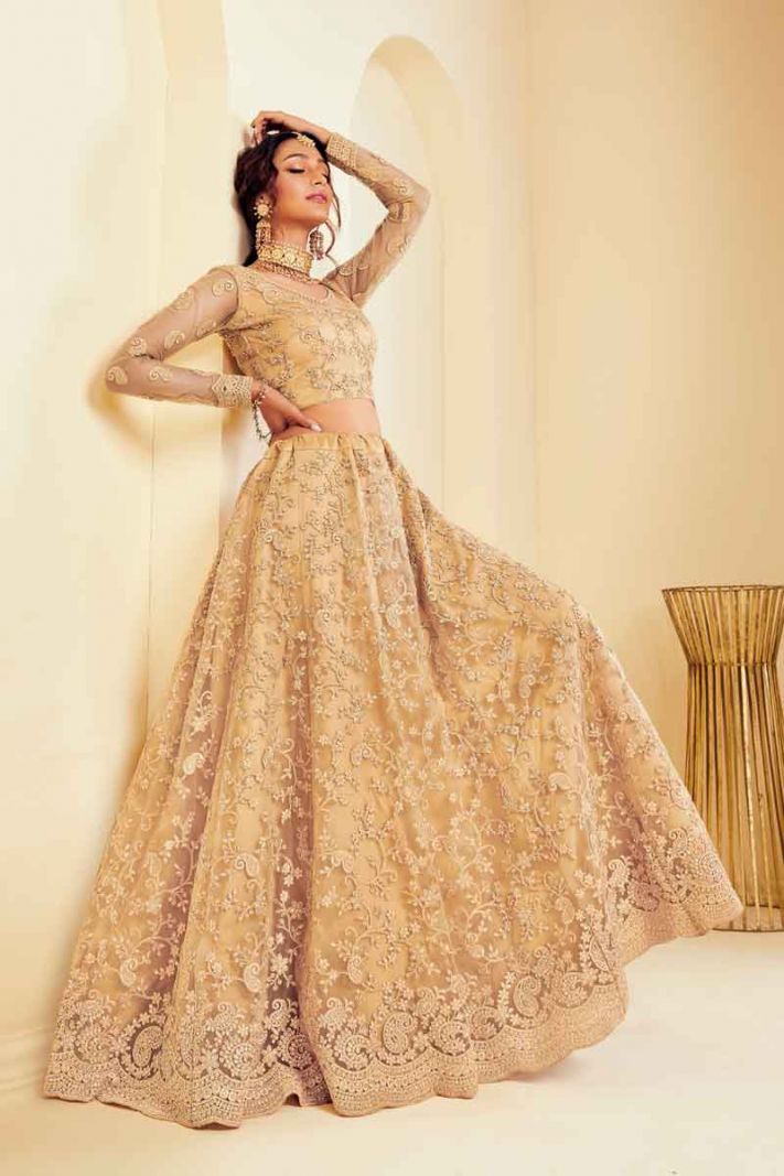 Golden Net Lehenga Choli With Cording Embroidery And Heavy Stone Work