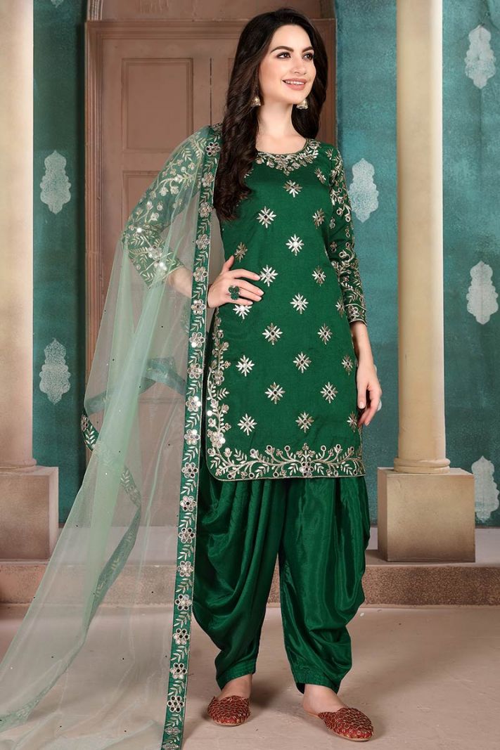 Green Art Silk Salwar Kameez with Net Dupatta