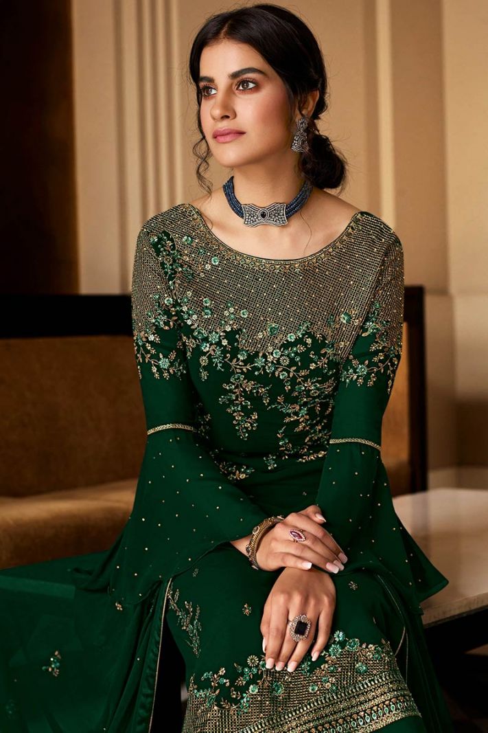 Green Faux Georgette Palazzo Suit with Zari Work