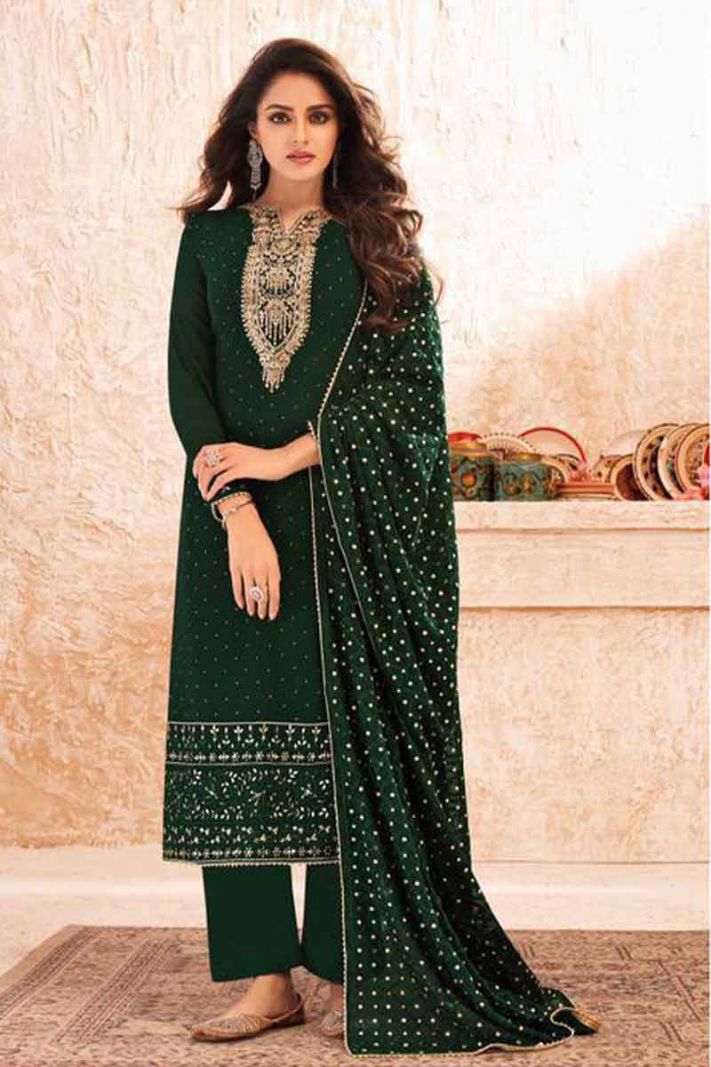 Green Georgette Heavy Designer Straight Suit With Heavy Jari