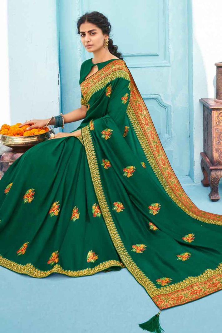 Green Silk Saree With Thread Embroidery