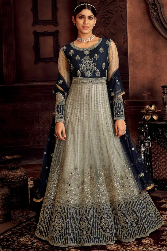 Grey Butterfly Net Embroidered Anarkali Suit