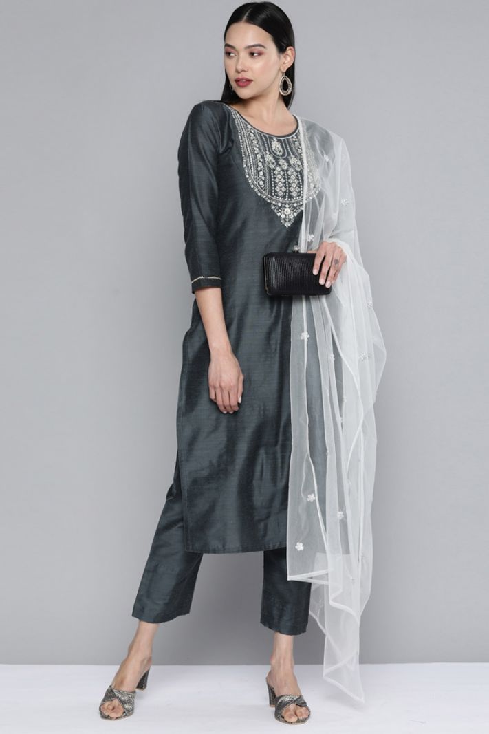 Grey Embroidered South Cotton Straight Pant Suit