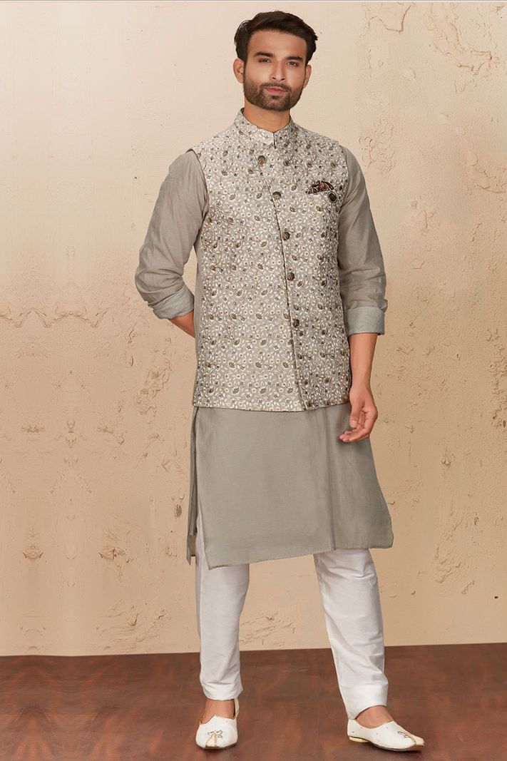 Grey Kurta and White Churidar Pajama with Grey Waistcoat For Diwali