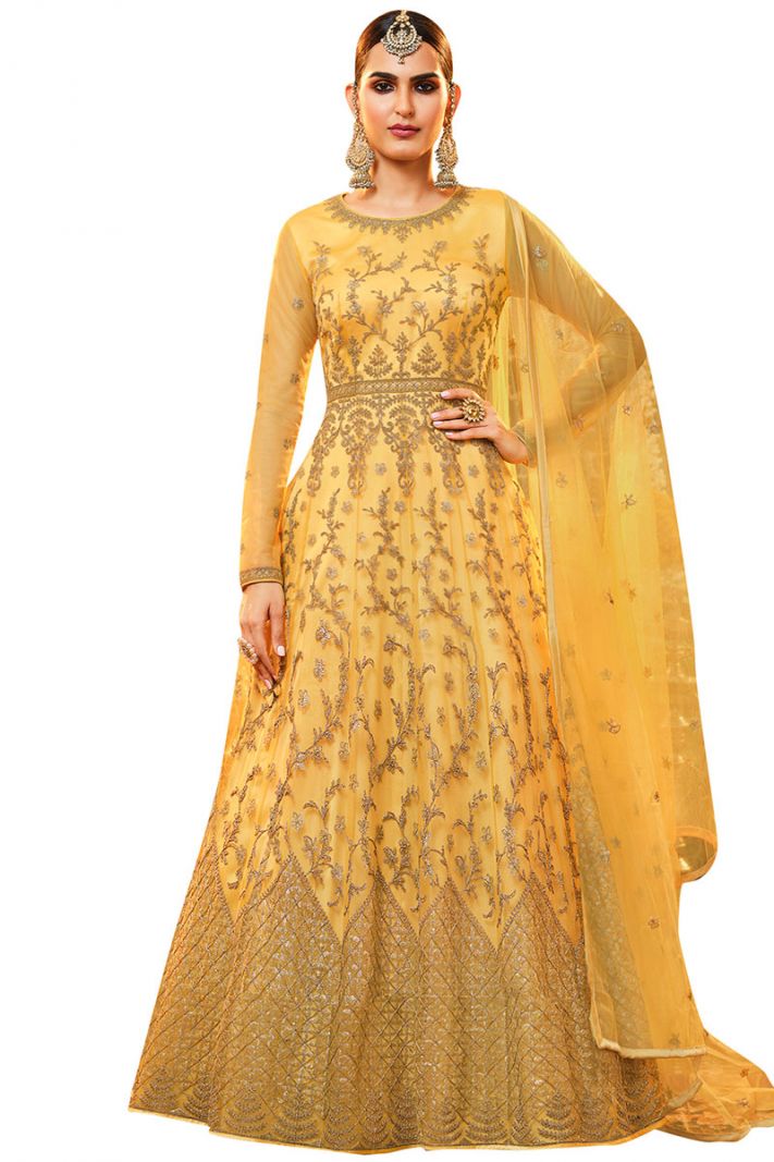 Haldi Wear Net Fabric Anarkali Suit in Yellow Color