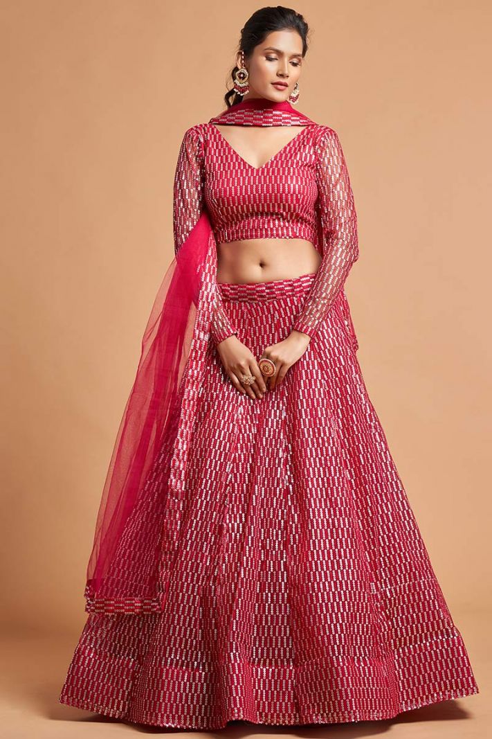 Hot Pink Colored Soft Net Fabric Lehenga Choli