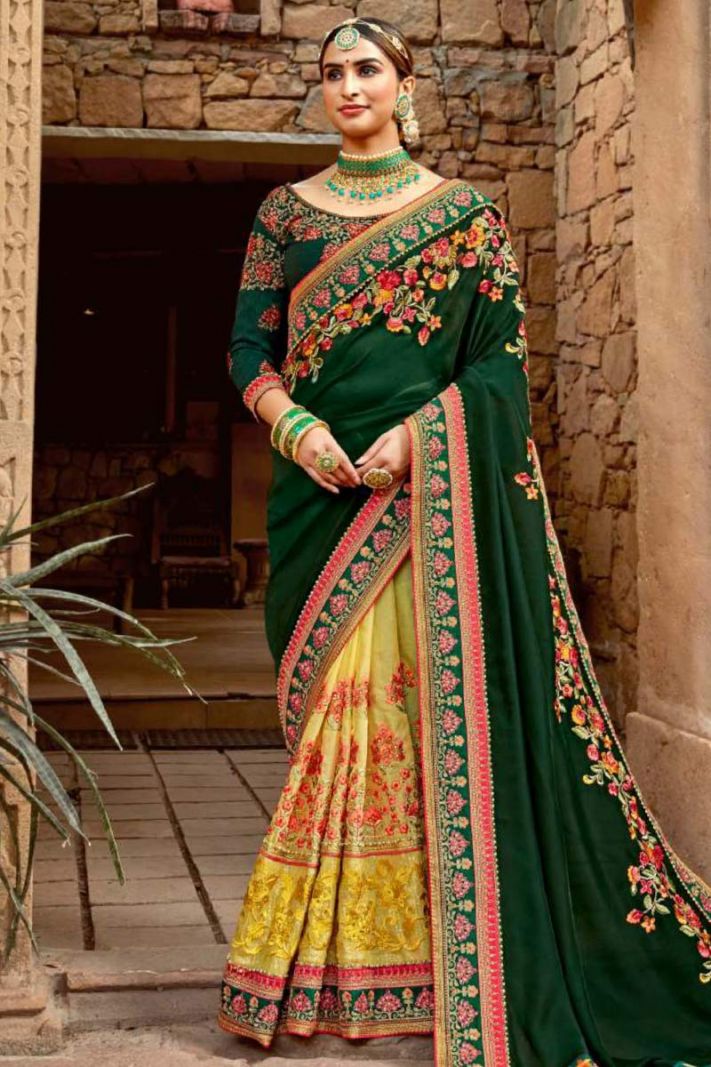Kalista Green Barfi Silk Saree and Blouse with Heavy Embroidery Work