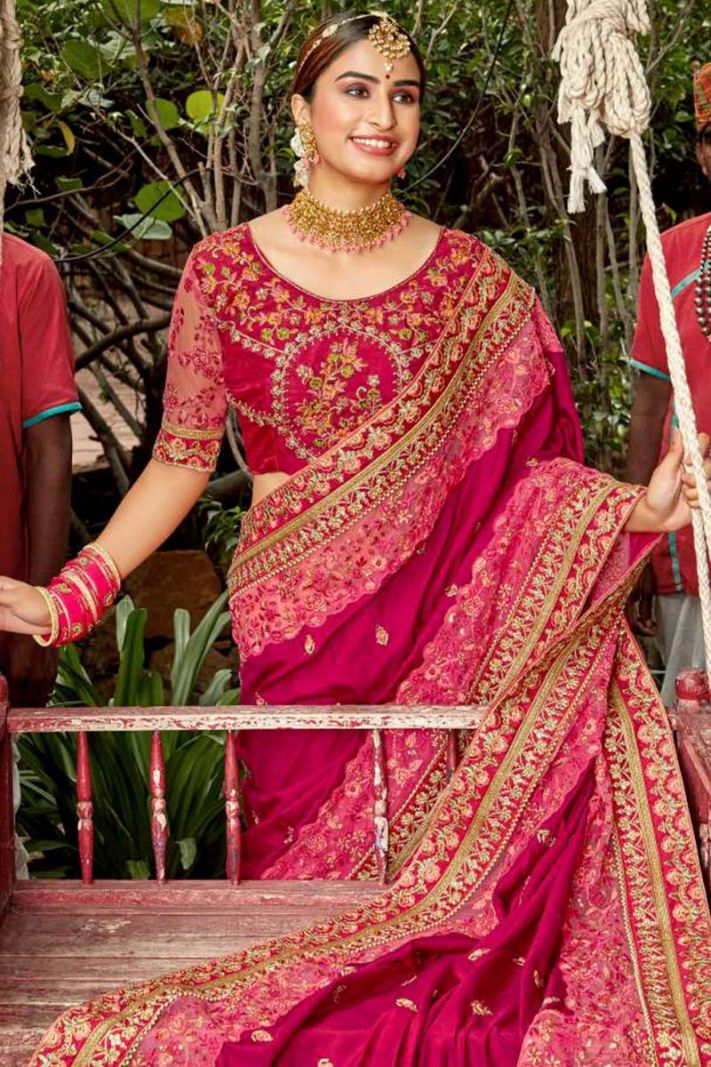 Kalista Pink Gaga Silk Saree and Blouse with Heavy Embroidery Work