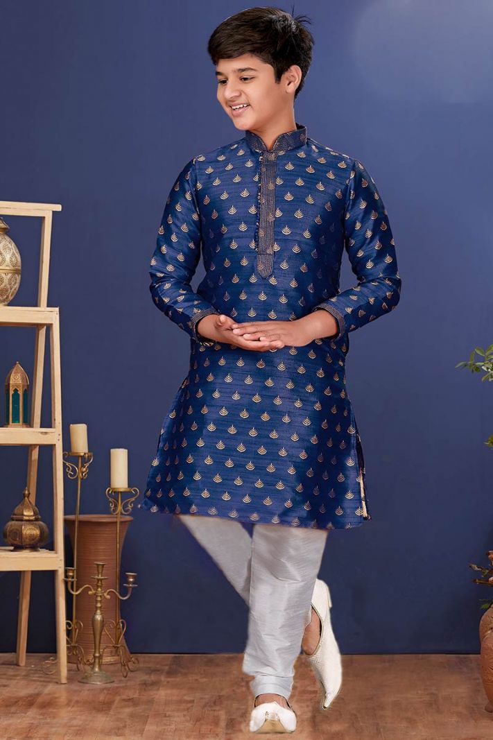 Kurta Pajama For Festive Wear Jacquard Silk Fabric in Blue Color