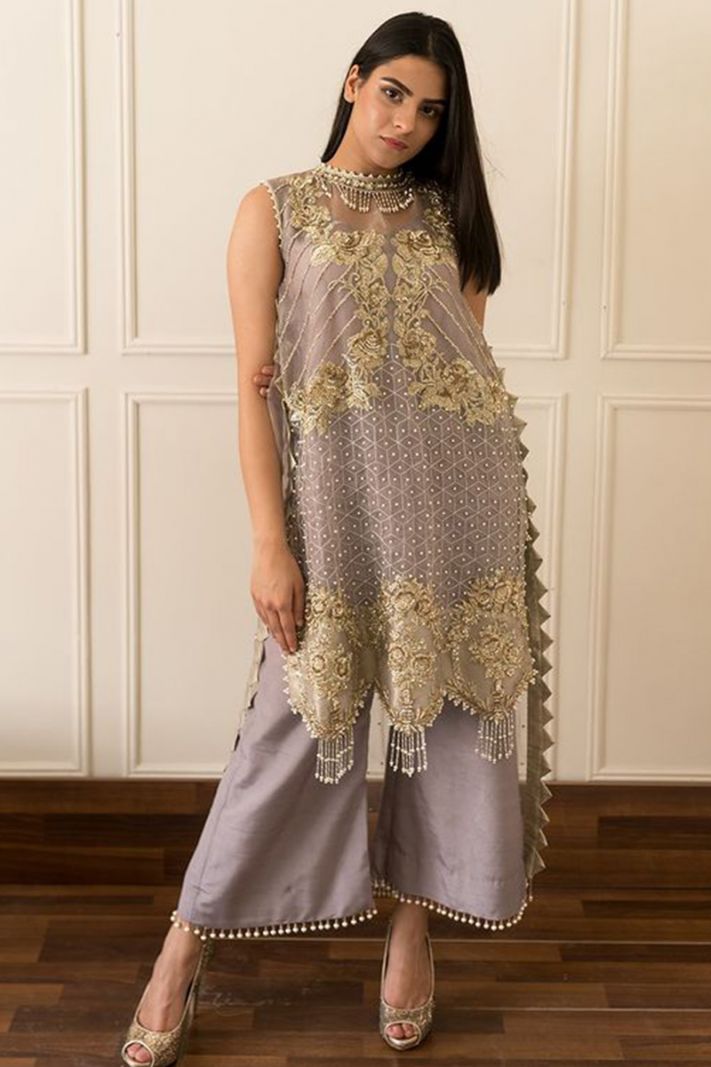 Latest Designer Net Fabric Palazzo Suit in Grey Color