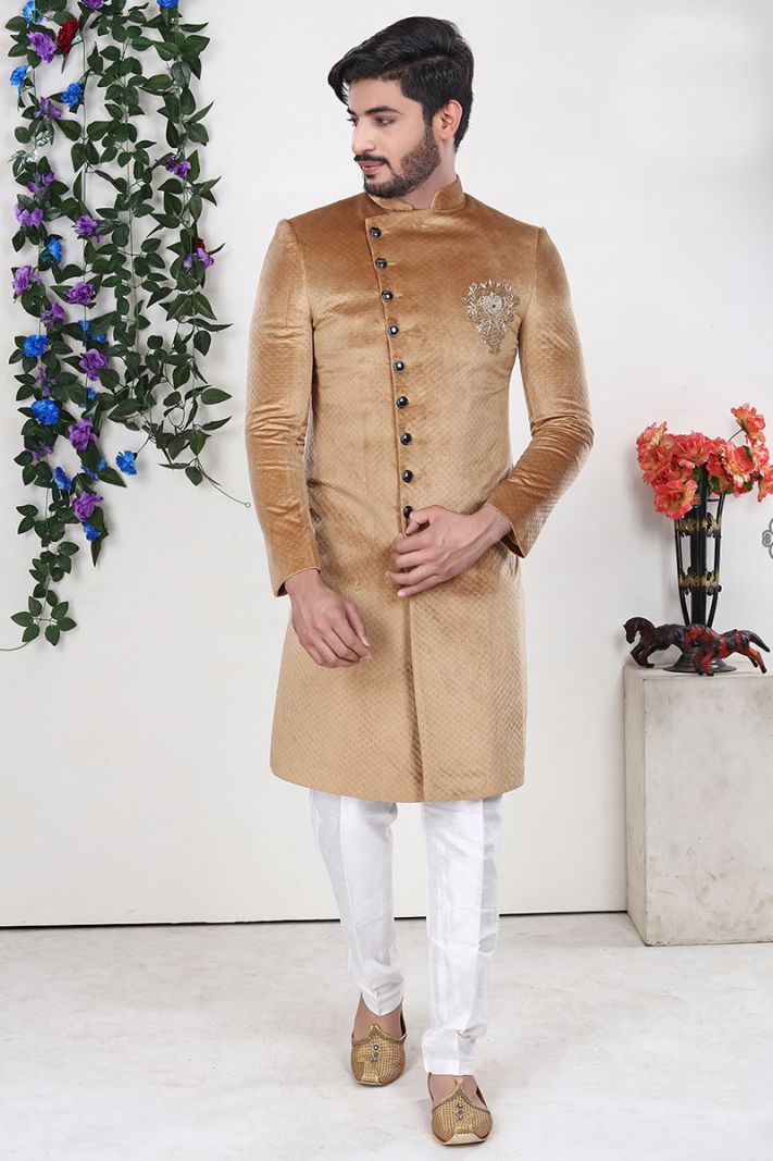 Light Brown Imported and Velvet Fabric Sherwani with Aligarhi Pant