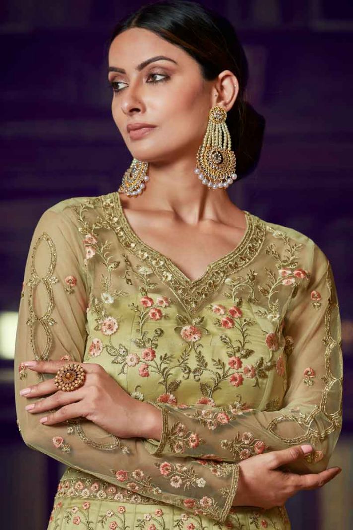 Light Green Net Semi Stitched Gown With Resham And Jari Embroidery