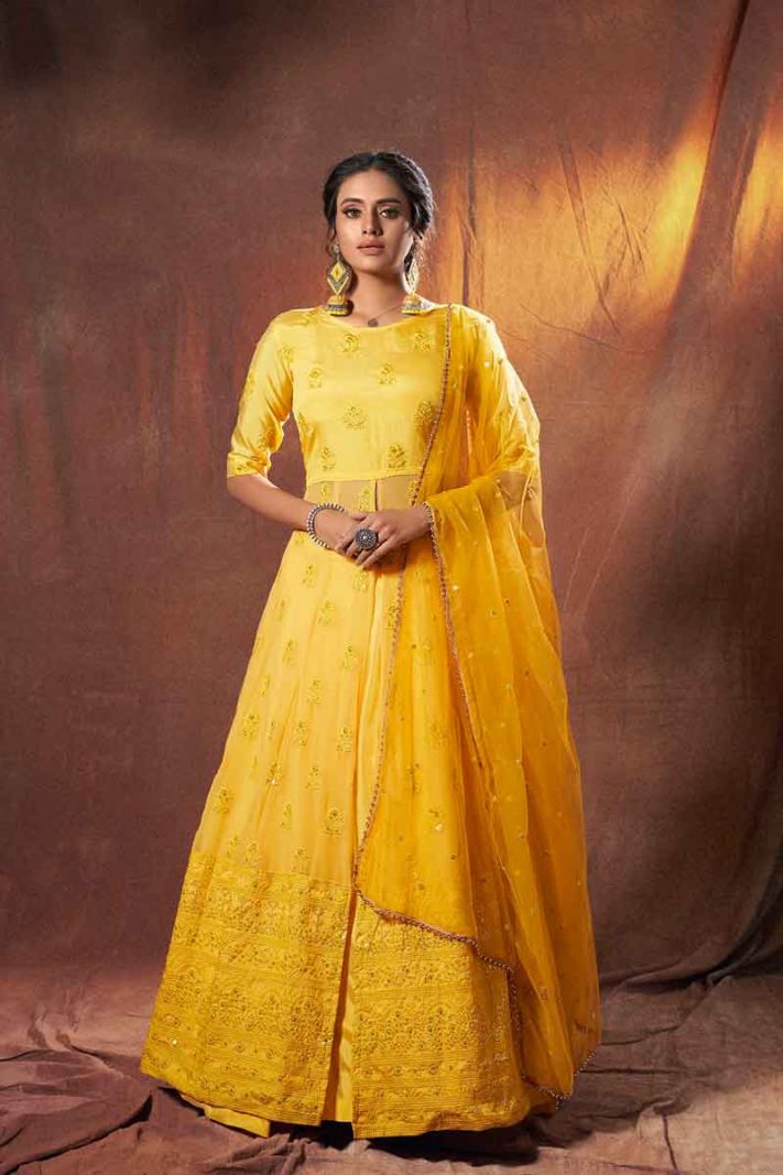 Lime Yellow Georgette Heavy Designer Lehenga Choli With Lacknowi Embroidery Work