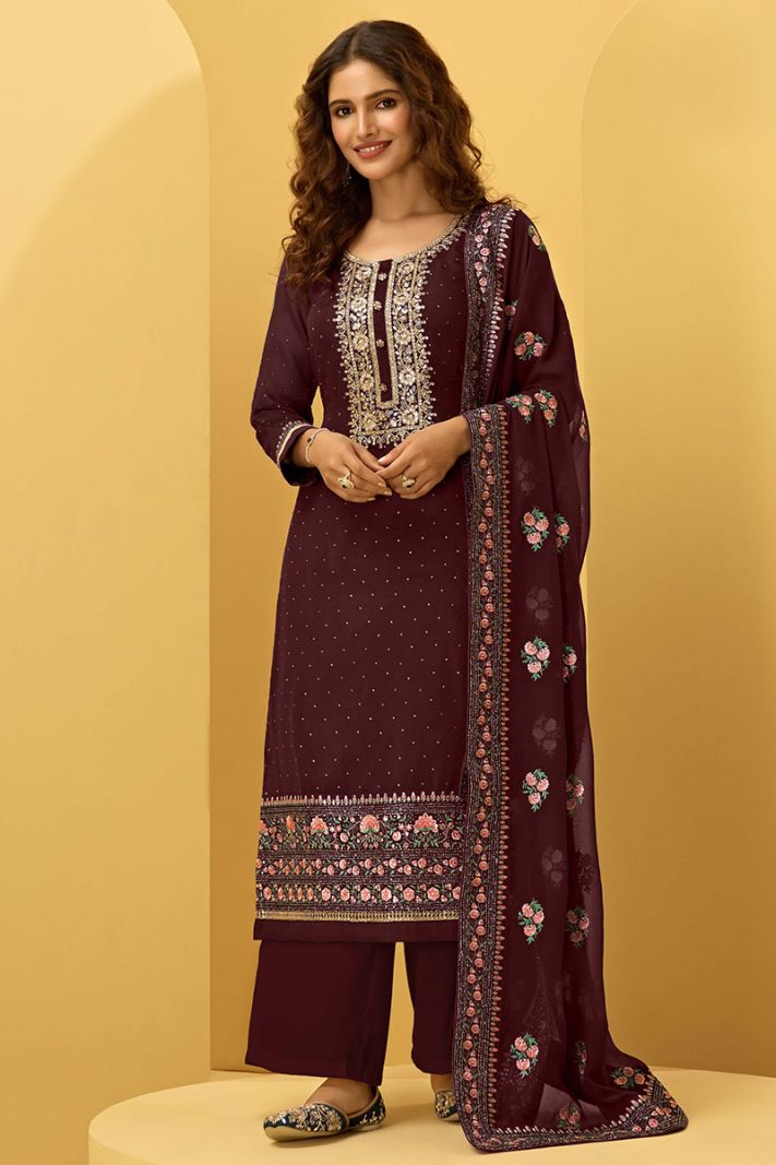 Precious Function Wear Maroon Color Crepe Fabric Palazzo Suit With  Embroidered Work