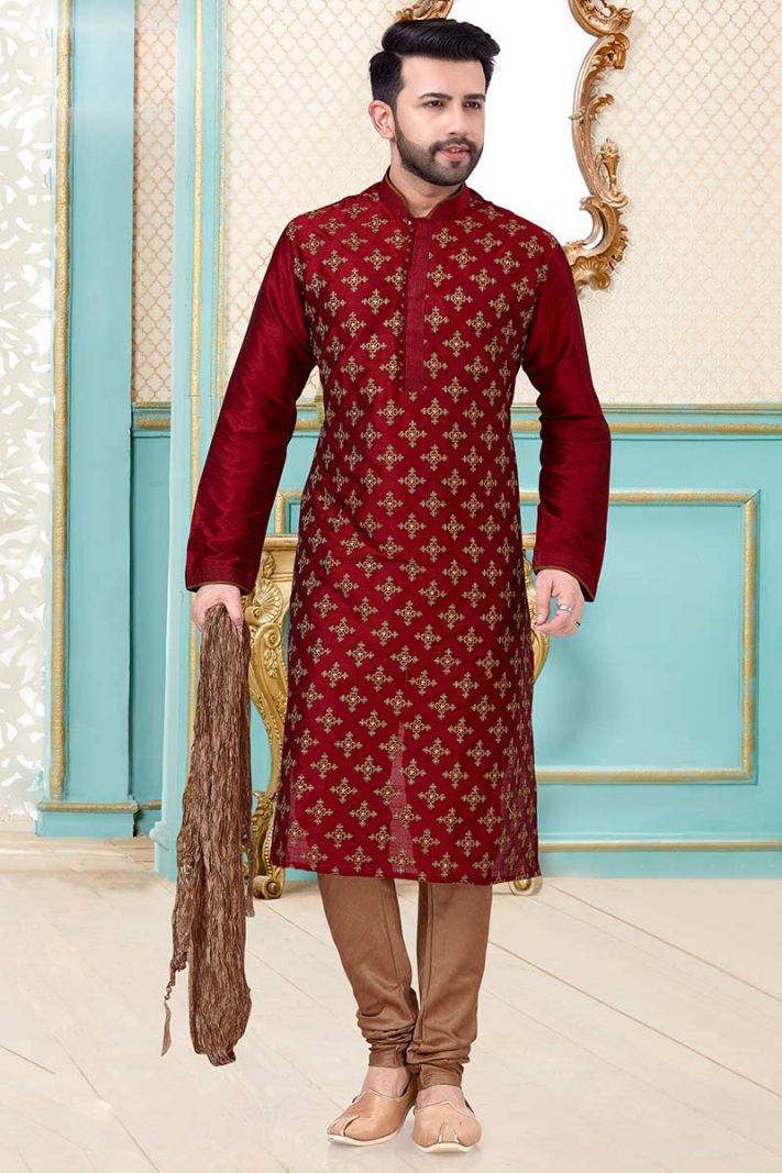 Maroon Dupion Silk Kurta and Antique Color Pajama For Diwali