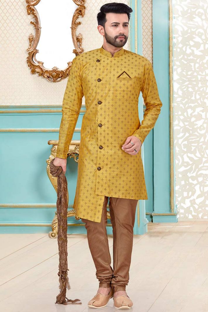 Mustard Banarasi Silk Kurta and Antique Color Churidar Pajama For Diwali