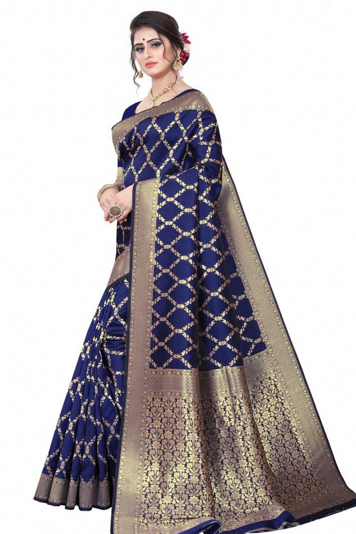 Navy Blue Banarasi Cotton Silk Saree with Blouse