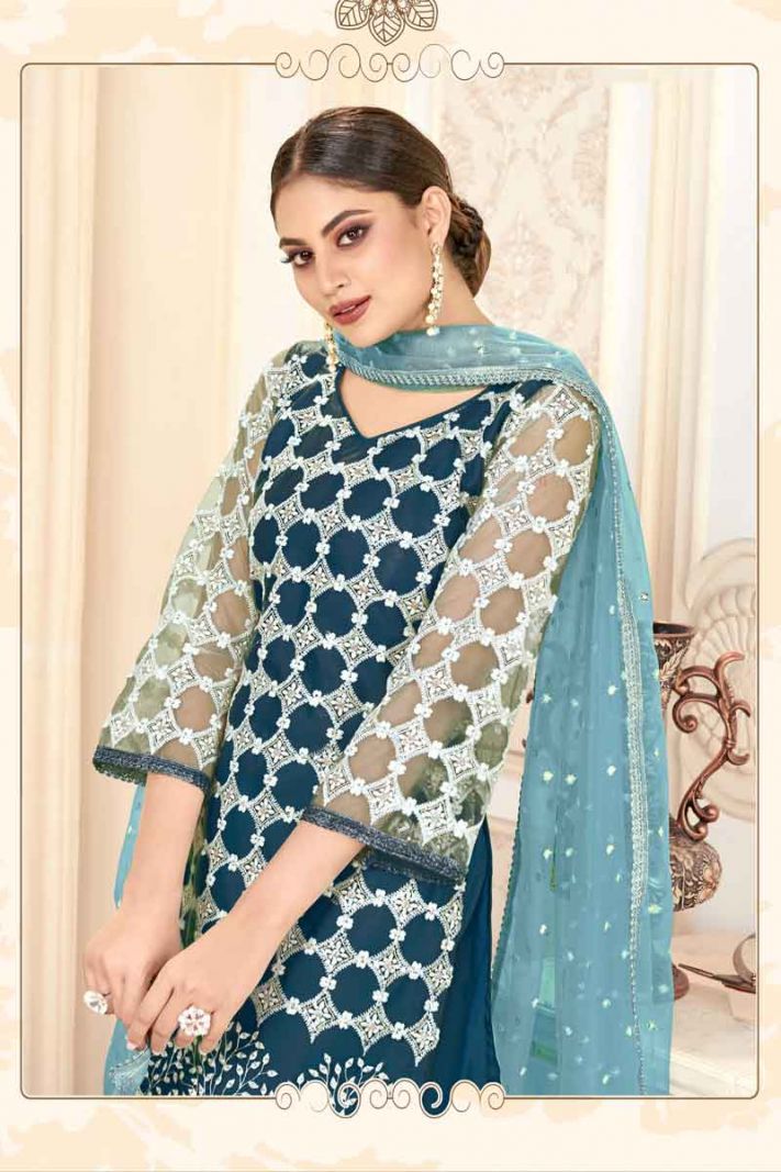 Navy Blue Butterfly Net Designer Straight Suit With Heavy Embroidery