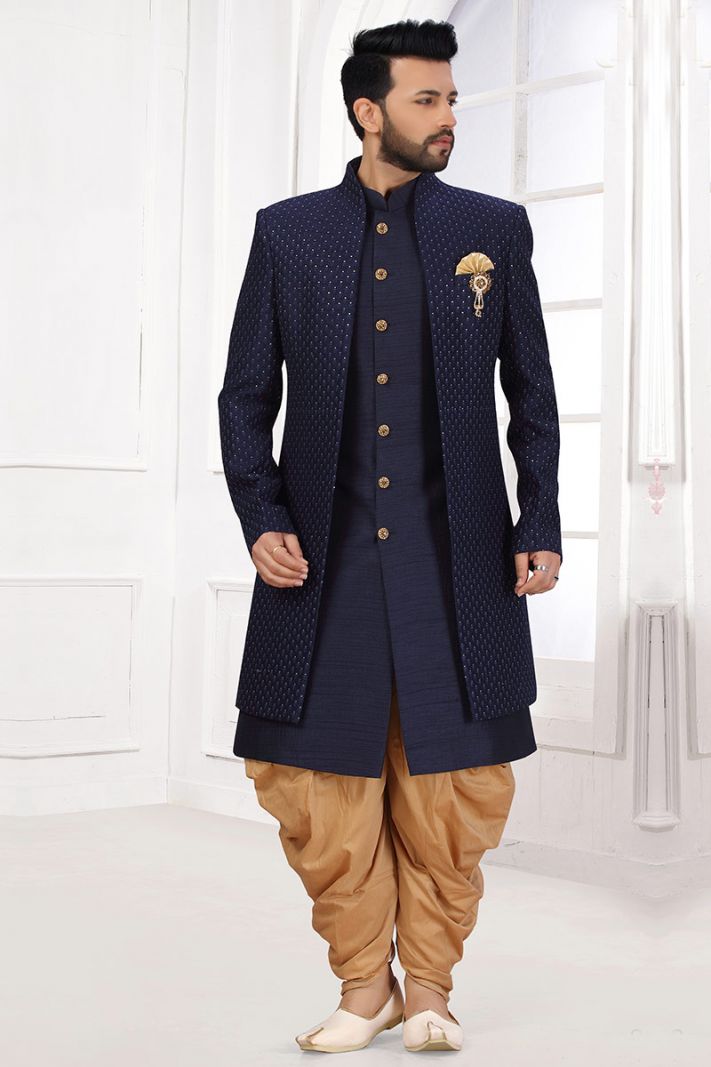 Navy Blue Designing Art Silk Party Wear Indo Western with Stylish Jacket