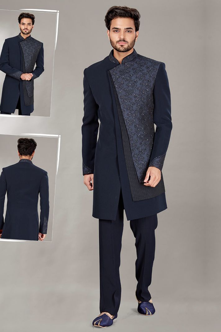 Navy Blue Imported Silk Indowestern and Trouser For Party