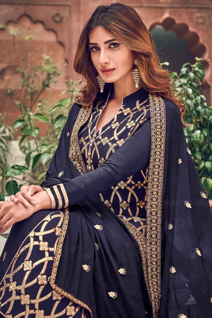 Navy Blue Jacquard Silk Semi Stitched Suit With Jari And Thread Embroidery
