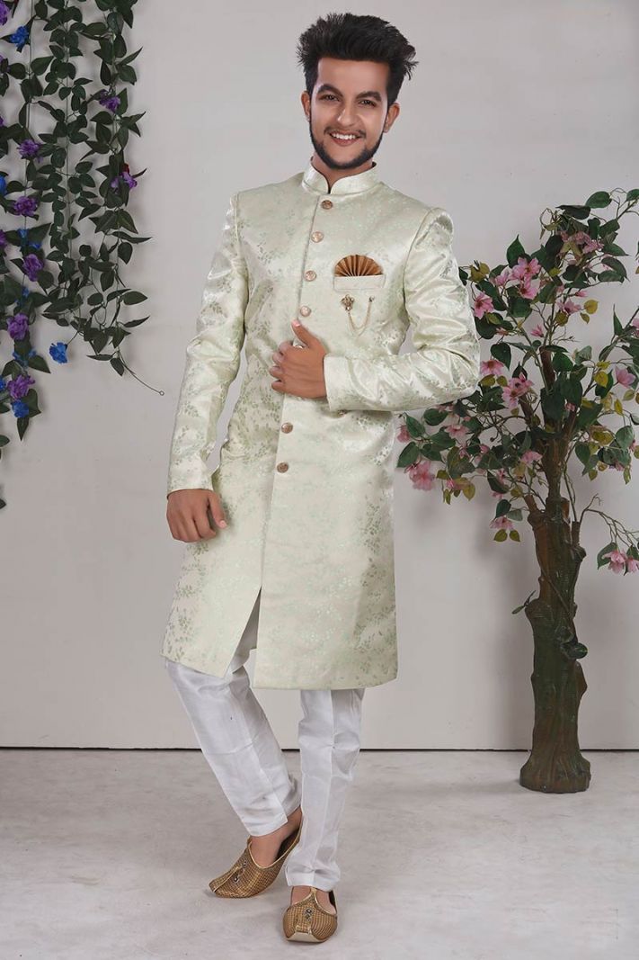 Off White Imported Fabric Sherwani with Aligarhi Pant 