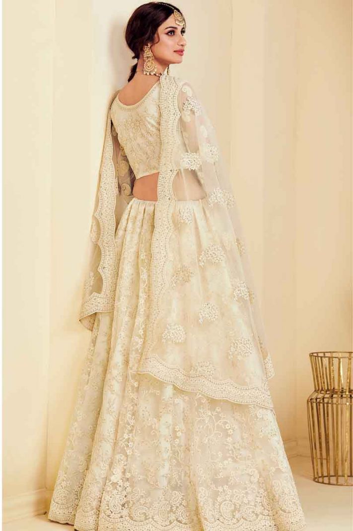 Off White Net Lehenga Choli With Cording Embroidery And Heavy Stone Work