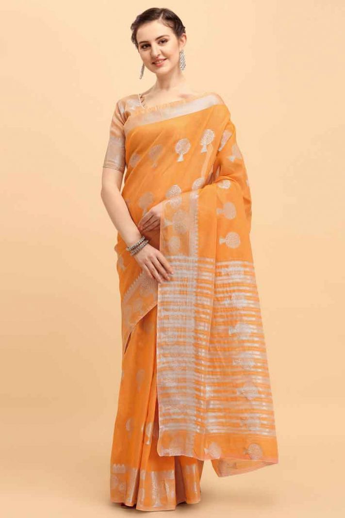 Orange Banarasi Cotton Saree With Wevon Silver Jari