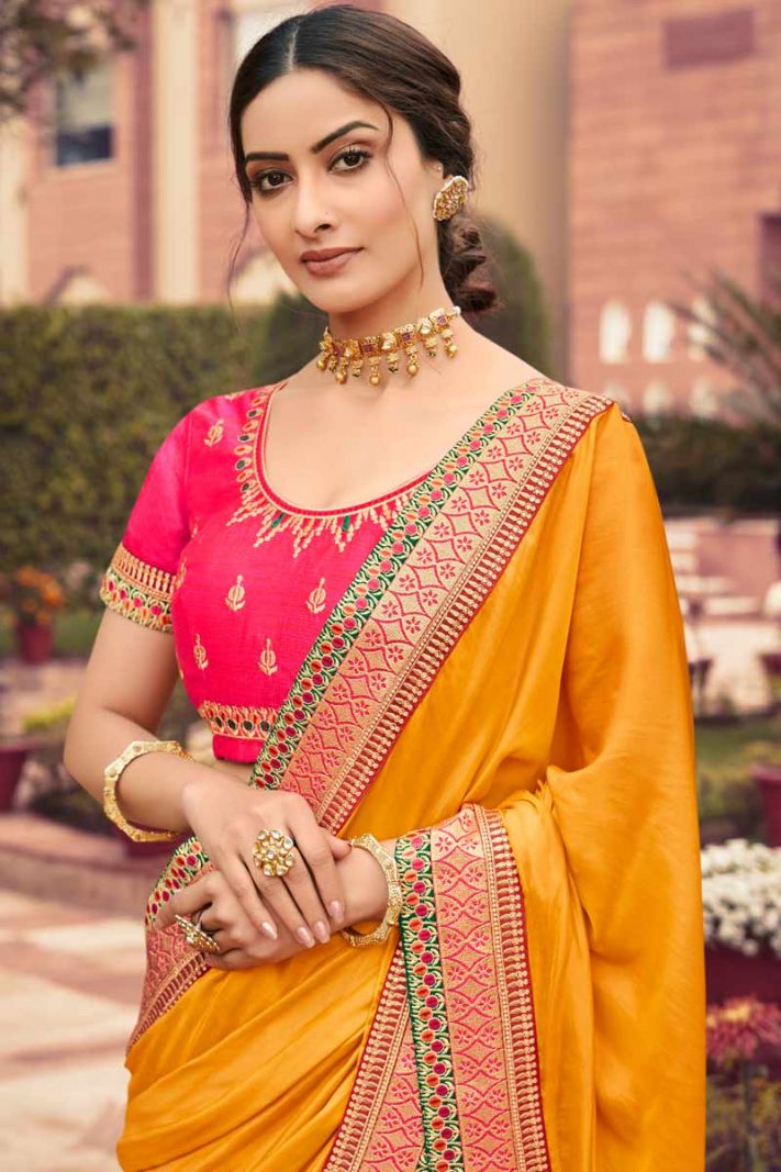 Orange Barfi Silk Saree with Pink Silk Blouse