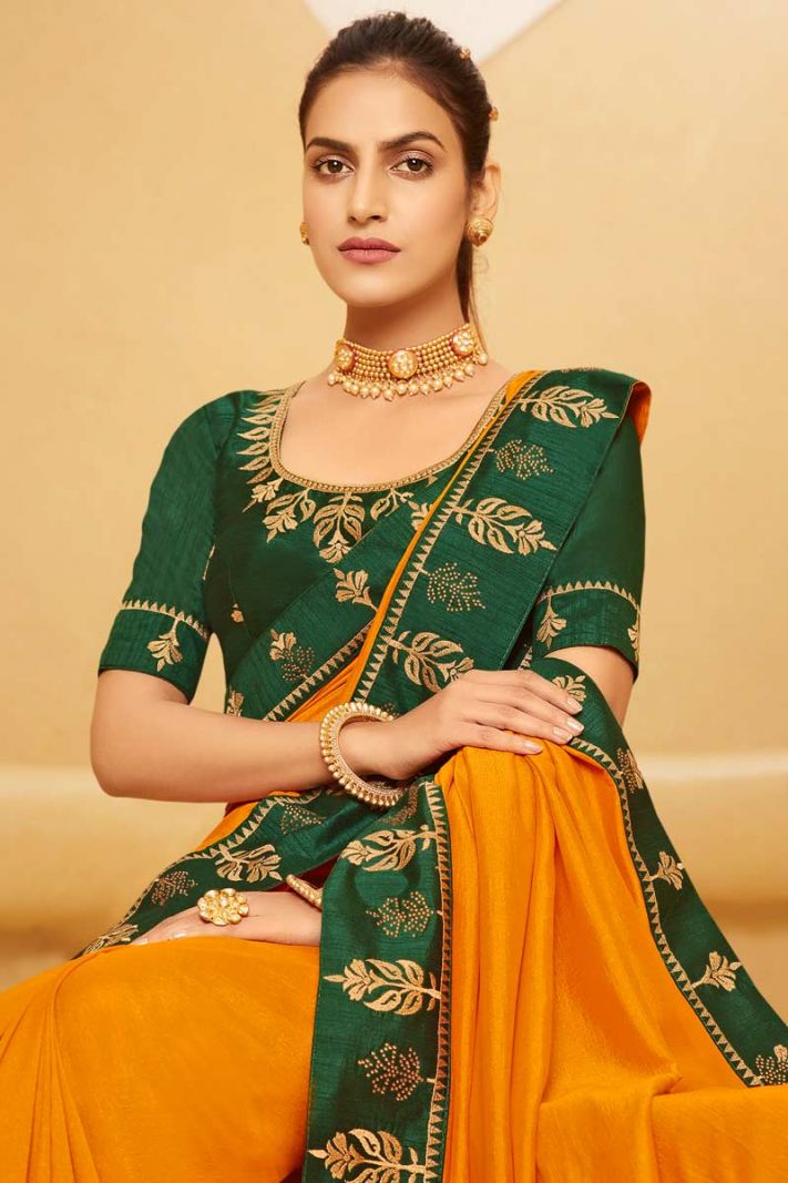 Orange Vichitra Silk Saree with Dark Green Phantom Silk Blouse