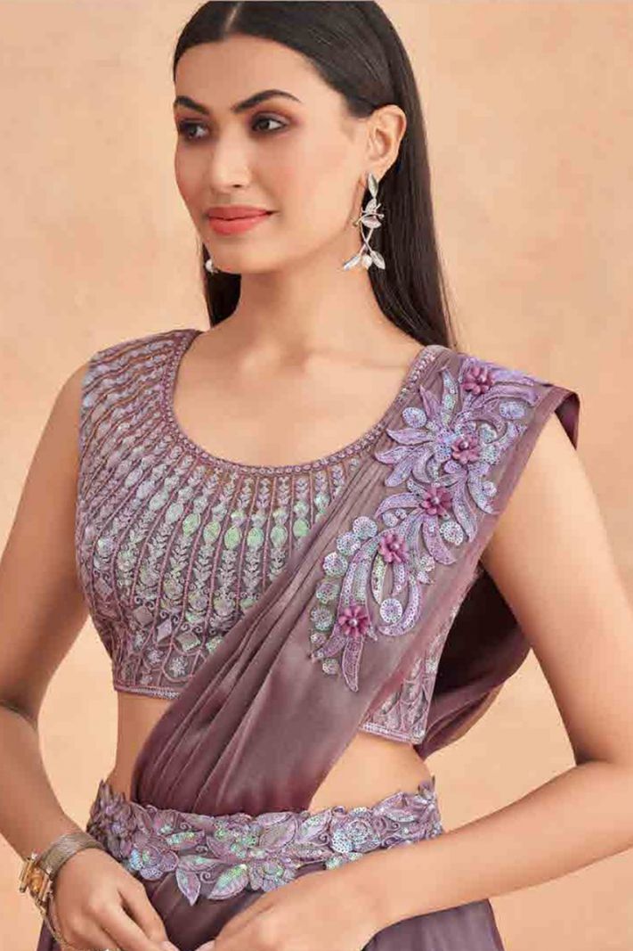 Party Wear Fancy Silk Lehenga Saree in Lilac Color