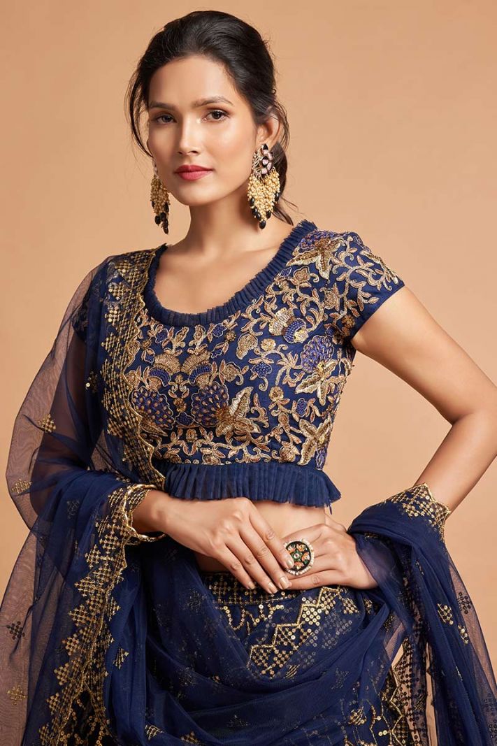 Party Wear Soft Net Fabric Lehenga Choli in Navy Blue Color