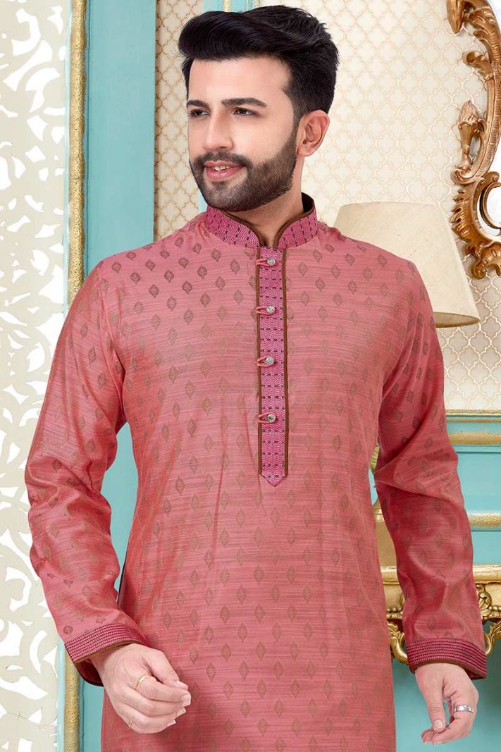 Peach Banarasi Silk Kurta and Antique Color Churidar Pajama For Diwali