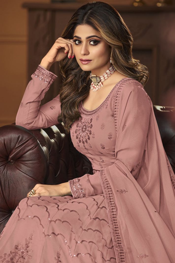 Peach Color Faux Georgette Resham Anarkali Suit