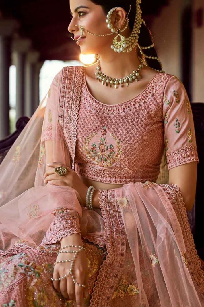 Peach Georgette Heavy Designer Lehenga Choli With Thread And Jari