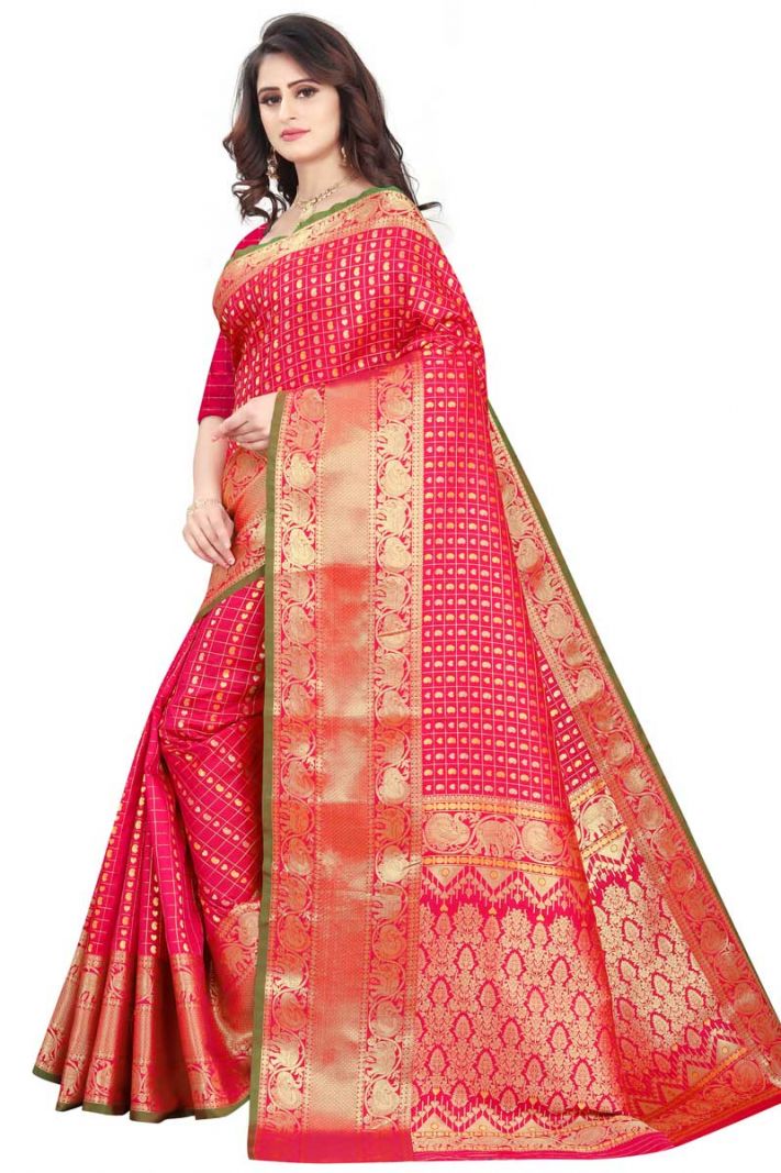 Pink Banarasi Cotton Silk Saree with Blouse