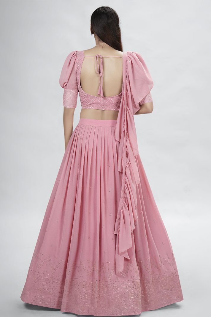 Pink Color Georgette Fabric Lehenga Choli with Mukaish Work