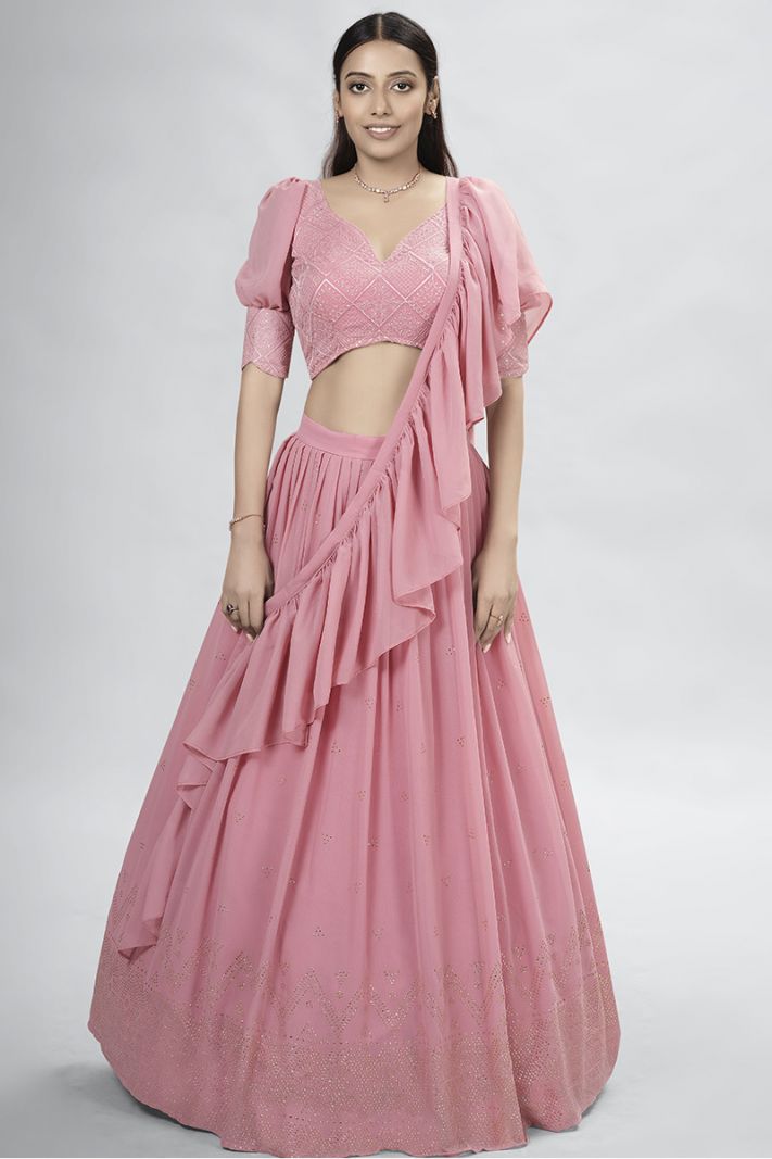Pink Color Georgette Fabric Lehenga Choli with Mukaish Work