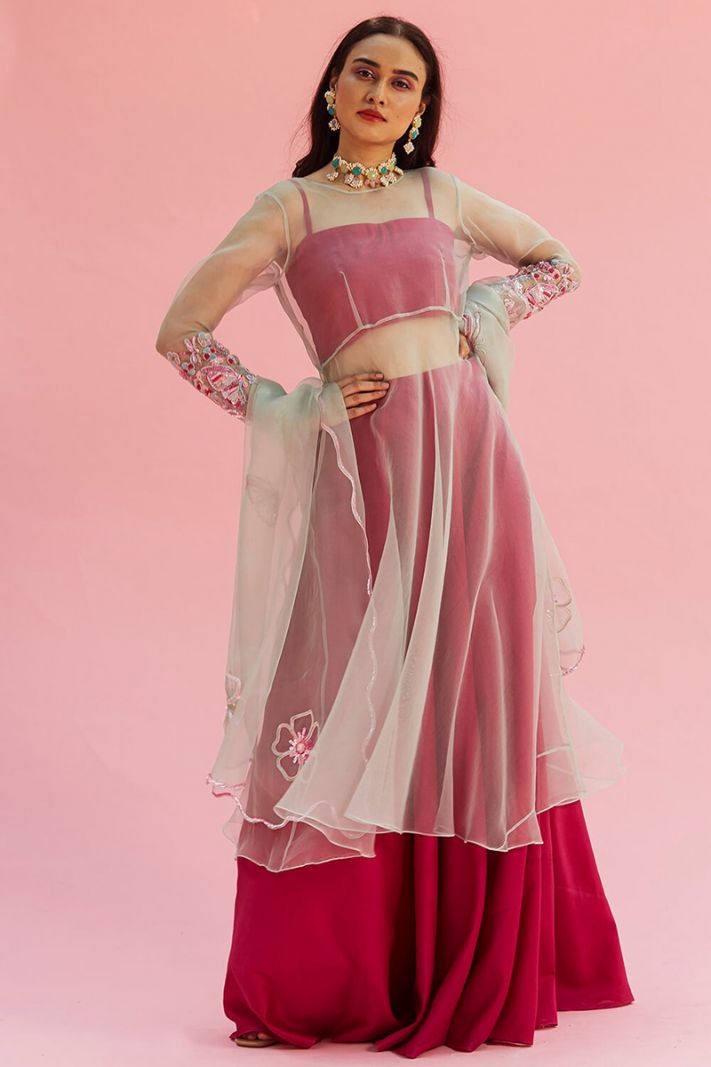 Pink Colored Fuchsia Chanderi Fabric Lehenga Choli with Overlay