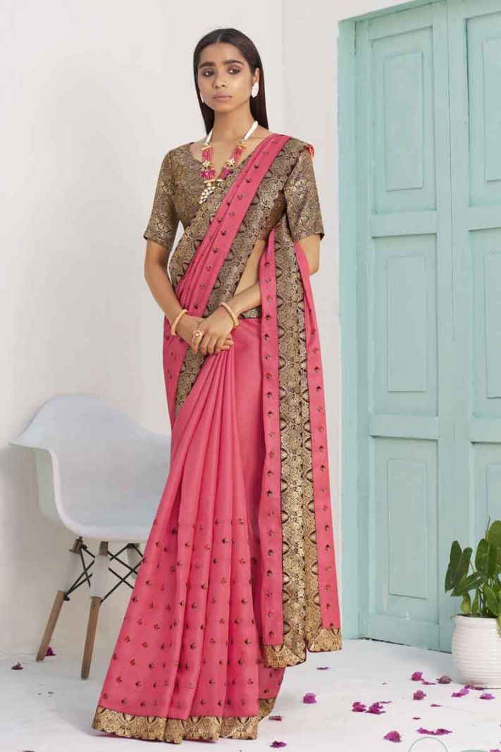 Pink Silk Saree With Thread Embroidery