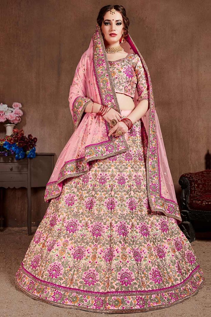 Pink Taffeta Silk Floral Designer Lehenga Choli with Soft Net Dupatta