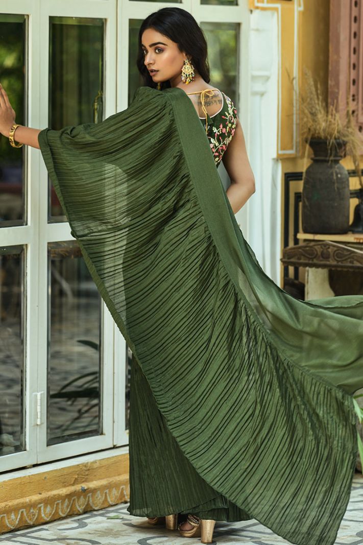 Pleated Silk Saree in Olive Green Color